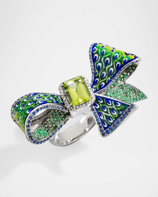 18K White Gold Green Ribbon Ring with Micro Mosaic, Diamonds, Blue Sapphires, Peridot and Tsavorites